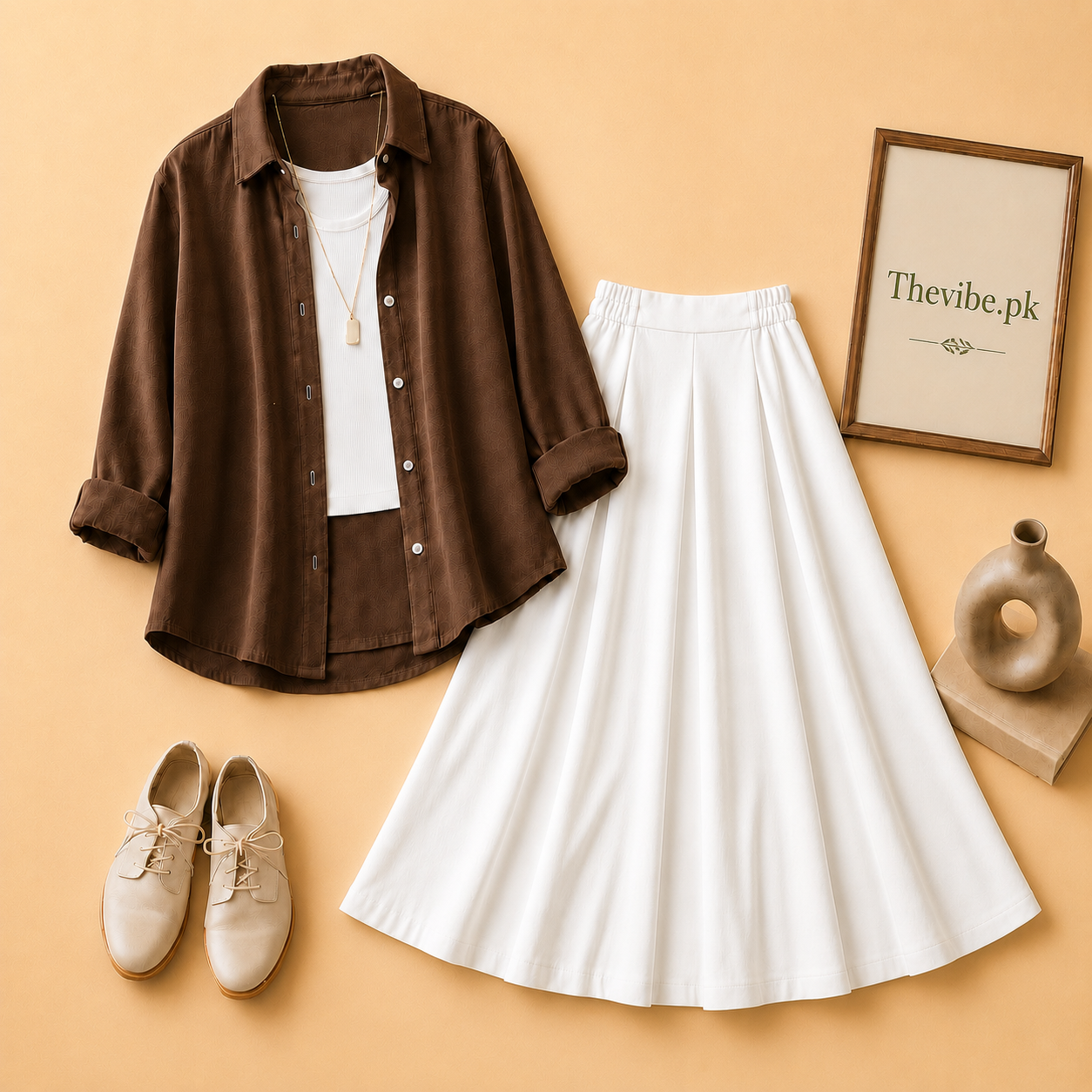 DARK BROWN BUTTON DOWN SHIRT WITH WHITE TANKTOP AND WHITE TWILL SHIRT