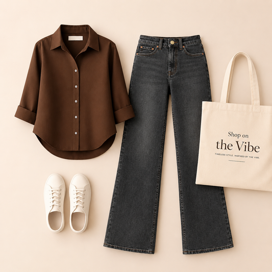 DARK BROWN BUTTON SHIRT WITH MALAYSIAN BLACK WIDE LAG JEANS