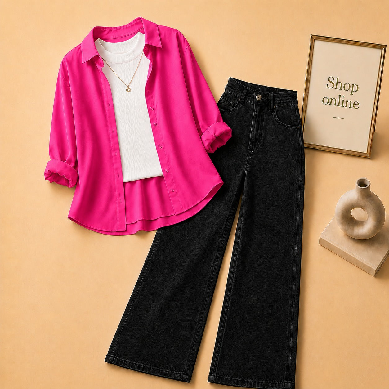 HOT PINK  BUTTON DOWN SHIRT WITH WHITE TANK TOP BLACK WIDE LEG JEANS (3Pcs)