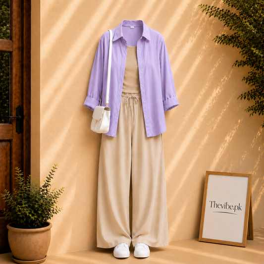 LILAC BUTTON DOWN SHIRT WITH BEIGE TANK TOP AND BEIGE FLAPPER