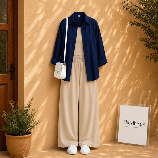 NAVY BLUE BUTTON DOWN SHIRT WITE BEIGE TANK TOP AND BEIGE FLAPPER