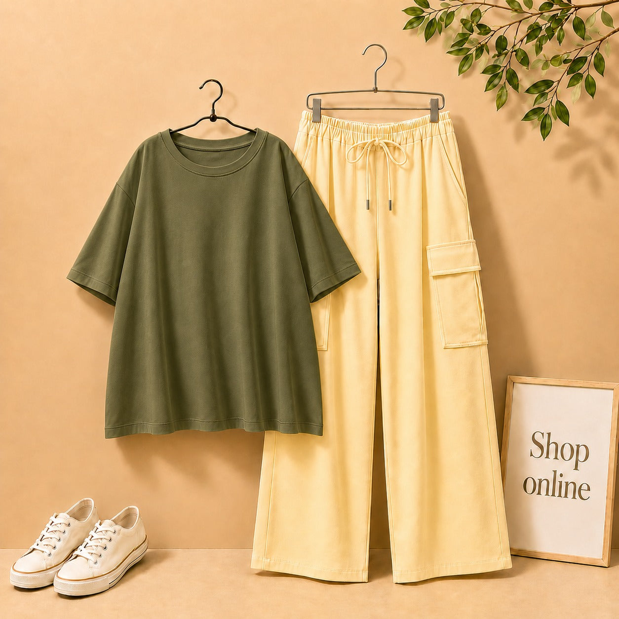 OLIVE GREEN DROP SHOULDER TEE SHIRT WITH BEIGE CARGO TROUSER