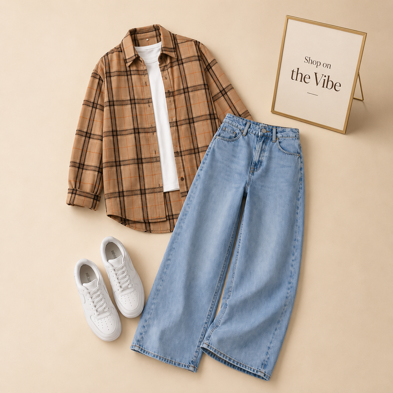 BEIGE CHECK SHIRT INNER T-SHIRTS WITH SKY BLUE WIDE LEG JEANS (3Pcs)