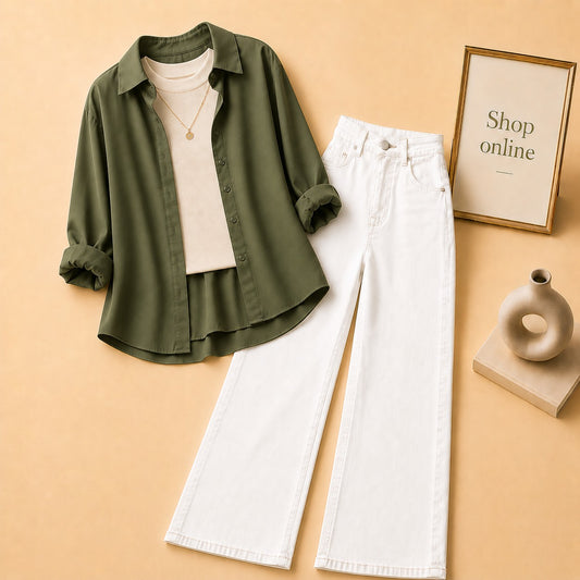 OLIVE GREEN BUTTON DOWN SHIRT WITH BEIGE TANK TOP WHITE WIDE LEG JEANS (3Pcs)