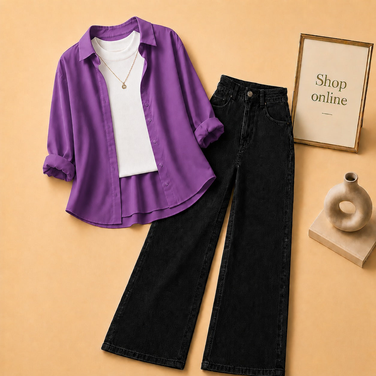PURPLE BUTTON DOWN SHIRT WITH WHITE TANK TOP BLACK WIDE LEG JEANS (3Pcs)