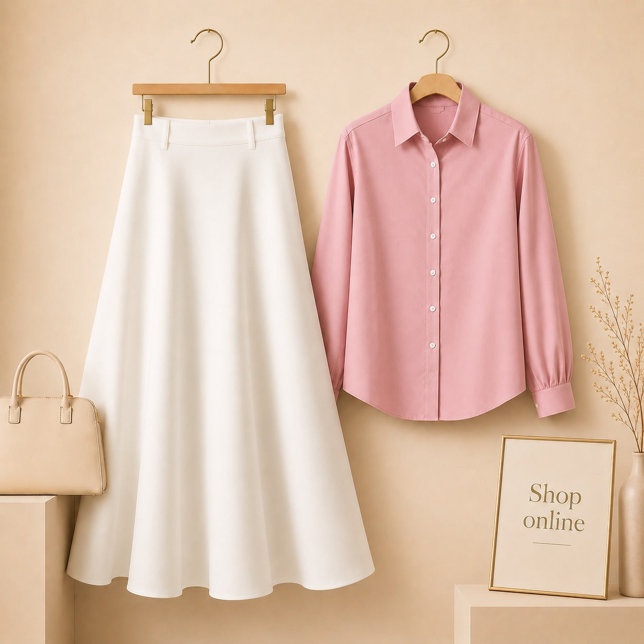 PINK BUTTON DOWN WITH WHITE COTTON TWILL SKIRT