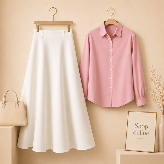 PINK BUTTON DOWN WITH WHITE COTTON TWILL SKIRT