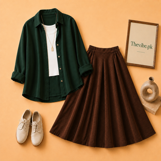 BOTTLE GREEN BUTTON DOWN SHIRT WITH WHITE TANKTOP AND BROWN TWILL SHIRT