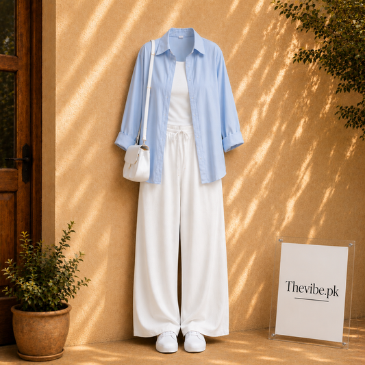 SKY BLUE BUTTON DOWN SHIRT WITE WHITE TANK TOP AND WHITE FLAPPER