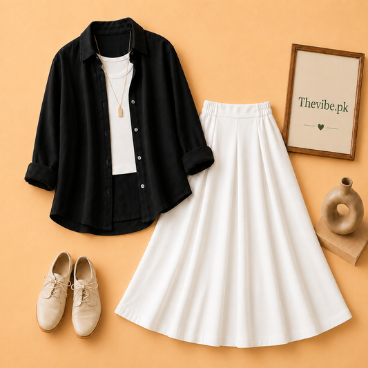 BLACK BUTTON DOWN SHIRT WITH WHITE TANKTOP AND WHITE TWILL SHIRT