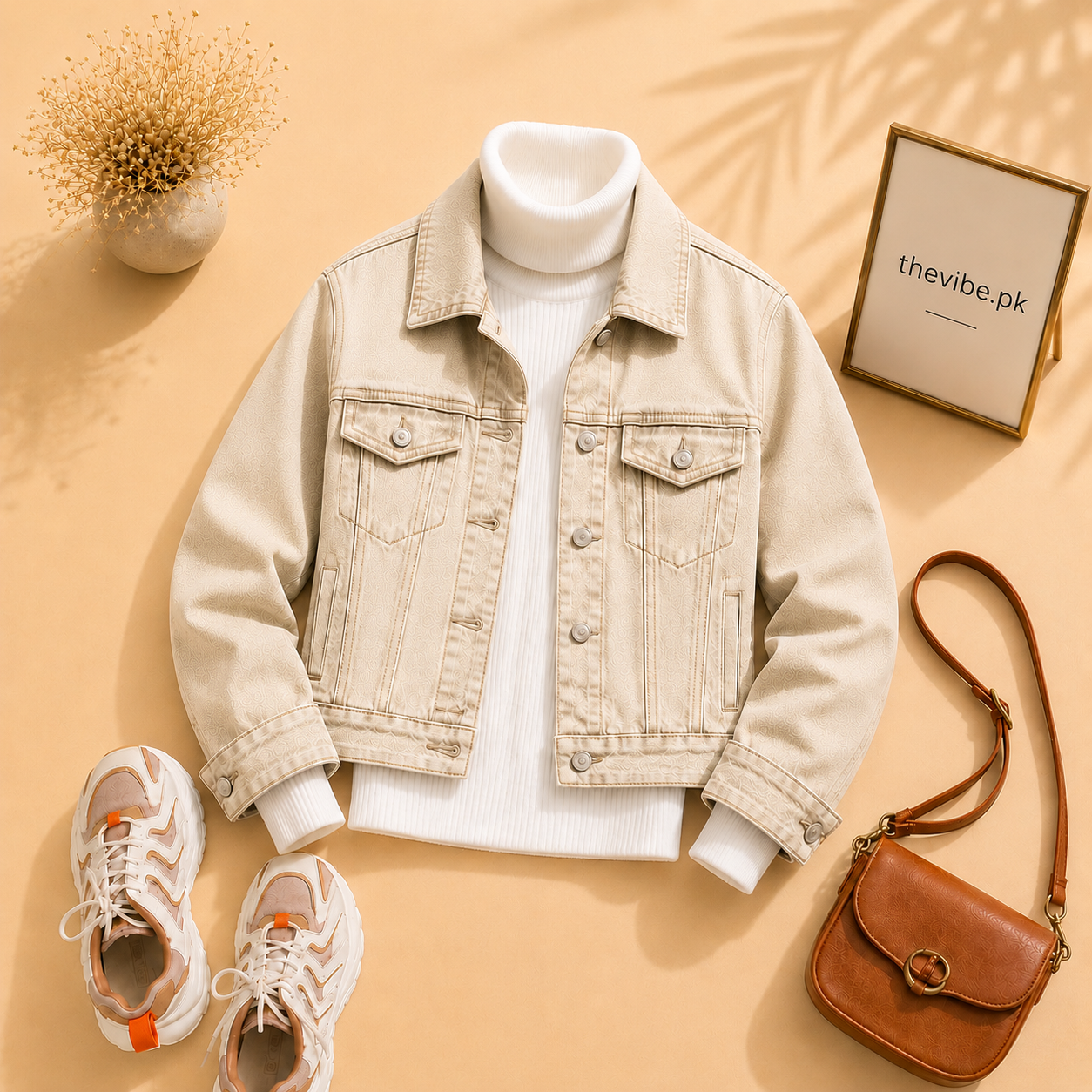 BEIGE DENIM JACKET WITH WHITE TURTLENECK
