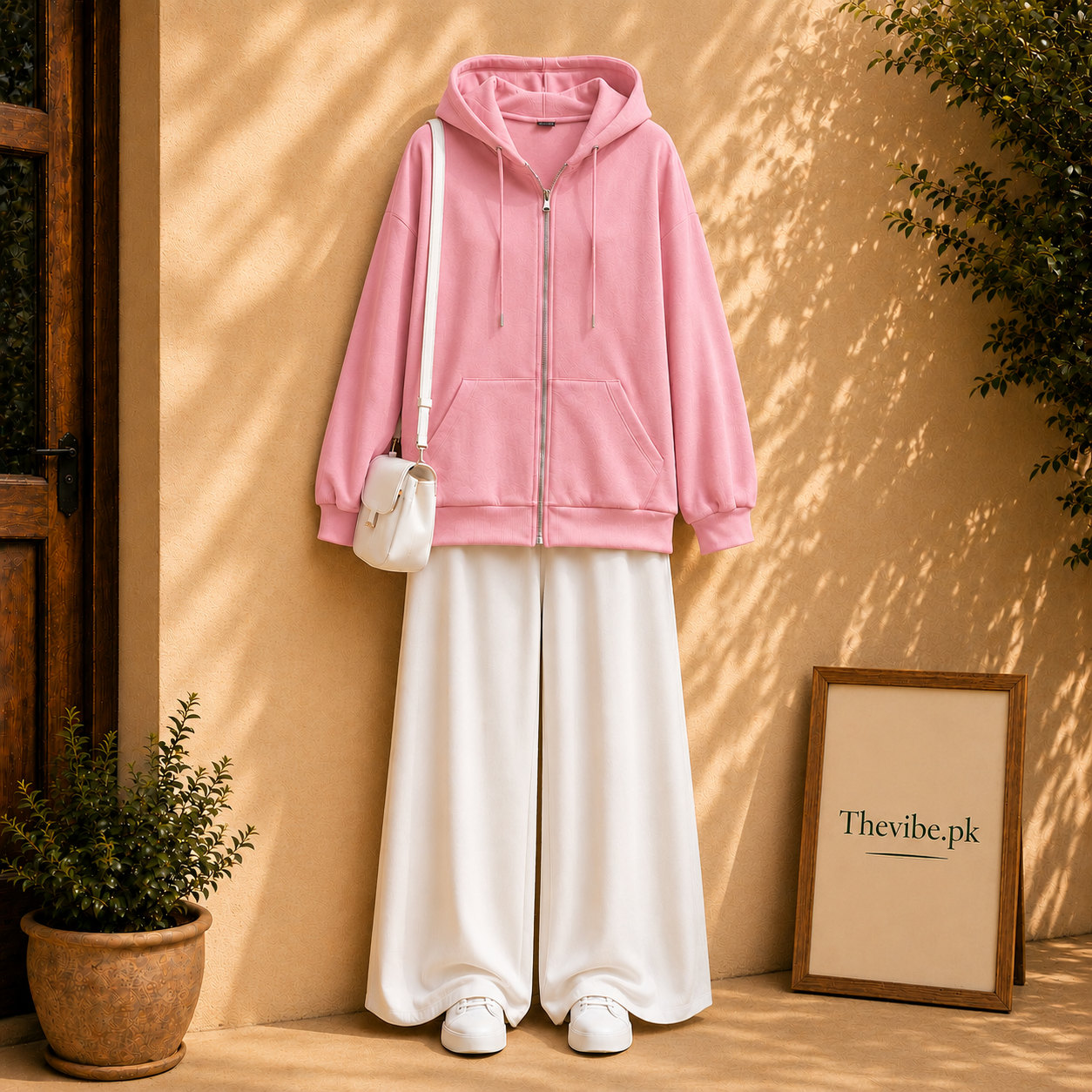 PINK ZIP HOODIE WITH WHITE FLAPPER
