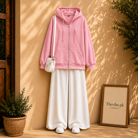 PINK ZIP HOODIE WITH WHITE FLAPPER