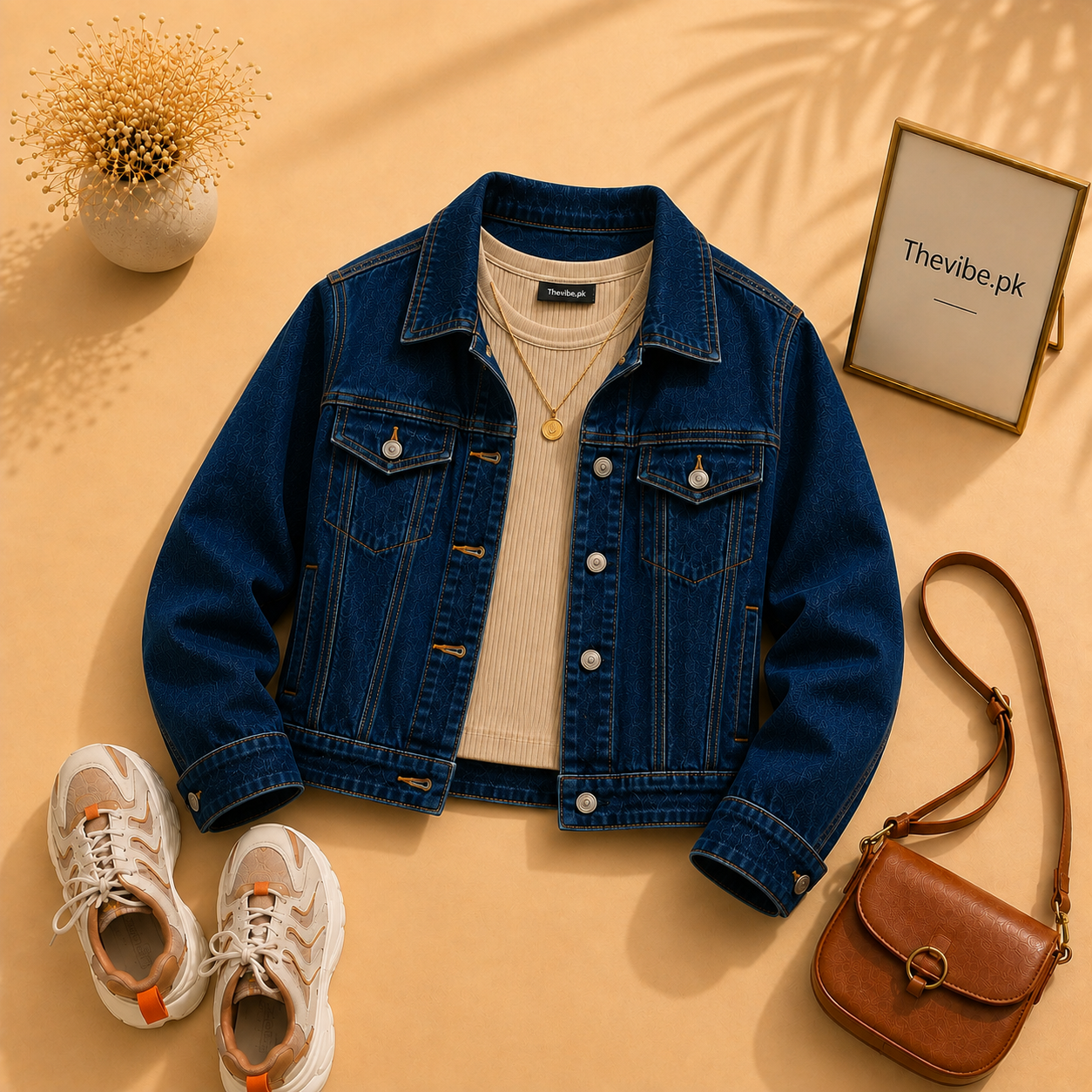 DARK BLUE DENIM JACKET WITH BEIGE TANK TOP